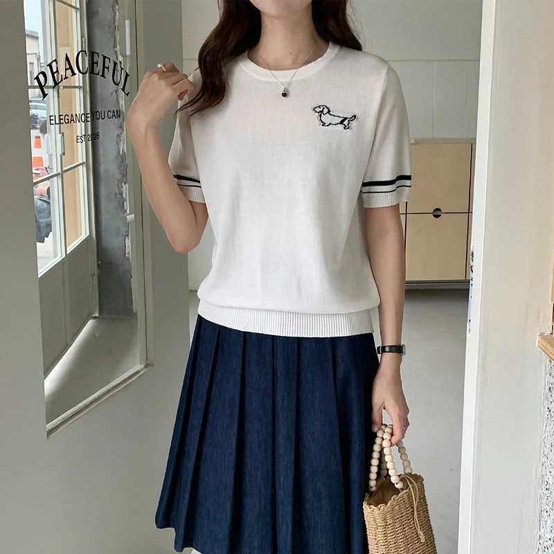 Womens T-Shirt Summer 100 Cotton Sweater Short Sleeve Knit Round Neck Ladies Top Loose Fashion Embroidery Tees Blouse PulloverT260317