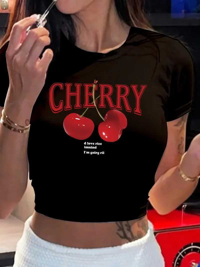 Fashion Cherry Print Crew Neck T-shirt Y2K Short Sleeve Tight Fit Crop Top Spring Summer Womens ClothingT260317