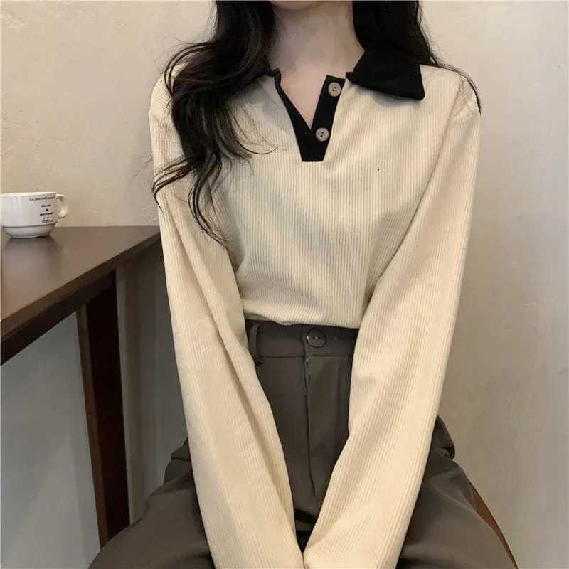 Casual Women T-shirts Korean Fashion Sweet Preppy Style Tops Female Autumn Long Sleeve Turn Down Collar Basic Pullovers TeesT260317