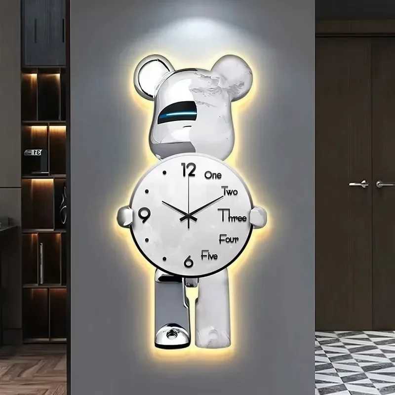 Wall Aesthetic Bear Clocks LED Lamp Unique Bear Wall Silent Light Clock Luxurious Living Room Porch Decor Interior Ornament D260318