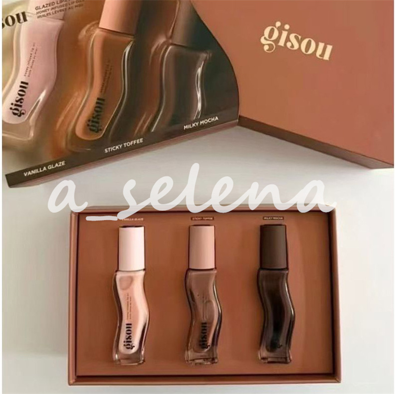 Gisou 3pcs/set Lip Oil Honey Infused Lip Gloss Moisturizing Lipgloss Set Sticky Toffe Vanilla Glaze Milky Mocha Long Lasting Nourishing Lip Set