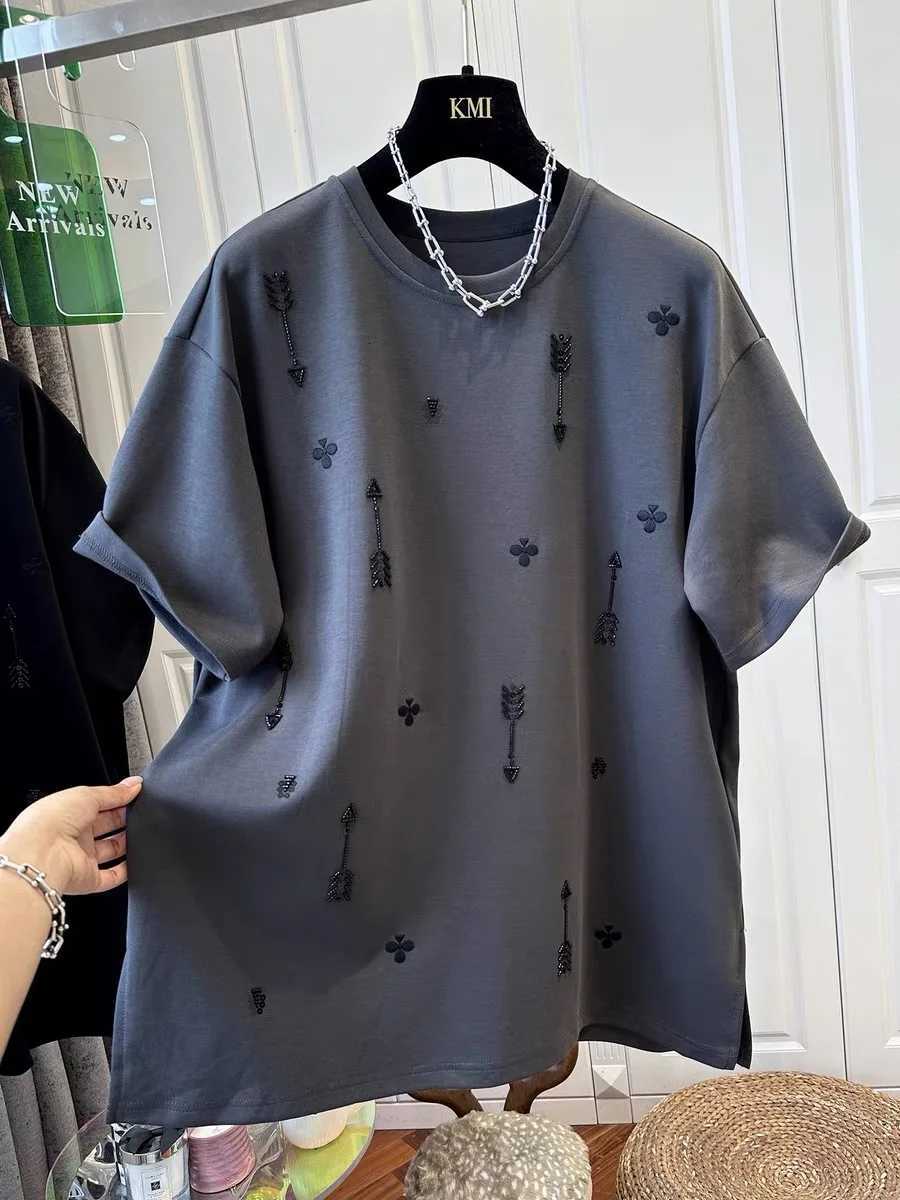 2026 Spring and Summer New Style Pure Cotton Loose Beaded Short-sleeved Fashionable T-shirt Female TopT260317