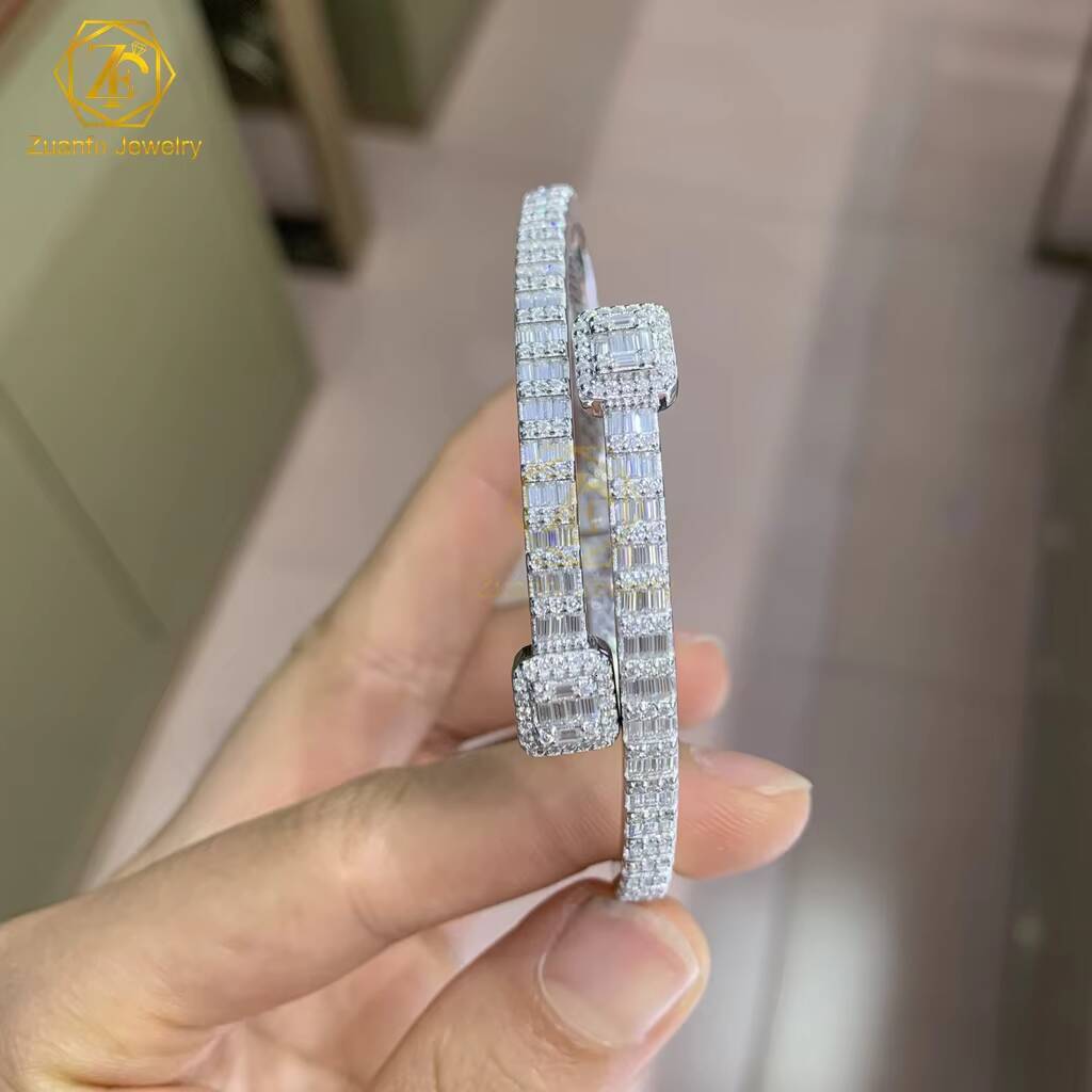 Fine Jewelry Sterling Silver 925 Fashion Iced Out VVS Baguette Moissanite Cuban Link Diamond Bracelet Bangles