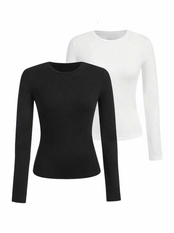 Womens solid-color long-sleeved T-shirt - Polyester knitted fabric round neck regular fit fall-winter styleT260317