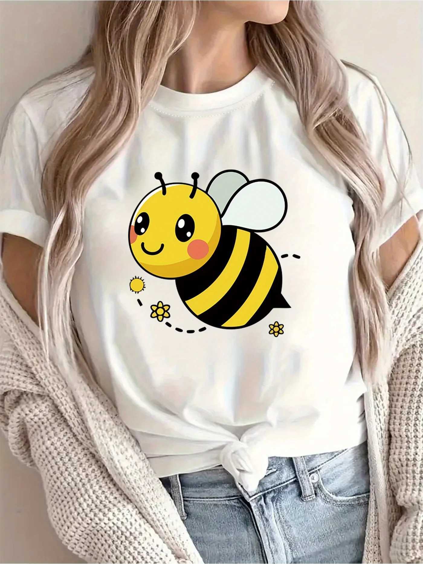 Womens Casual Short Sleeve T-Shirt Cute Cartoon Bee Floral Print Breathable Round Neck Tee for Spring/SummerT260317