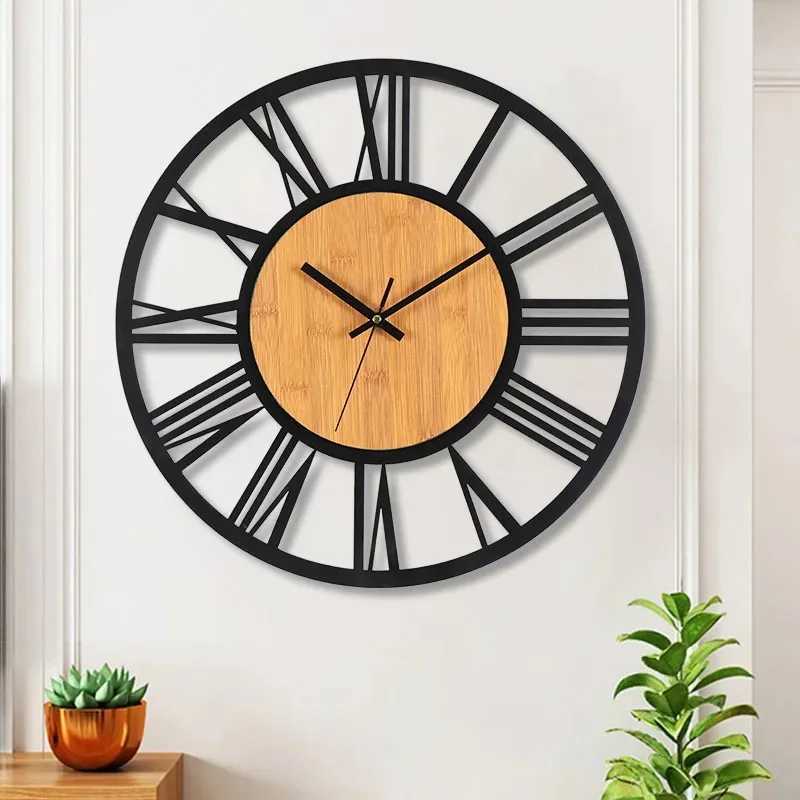 3D Large Wall Clocks Nordic Roman Numerals Retro Round Wood Metal Iron Accurate Silent Hanging Ornament Living Room Decoration D260318