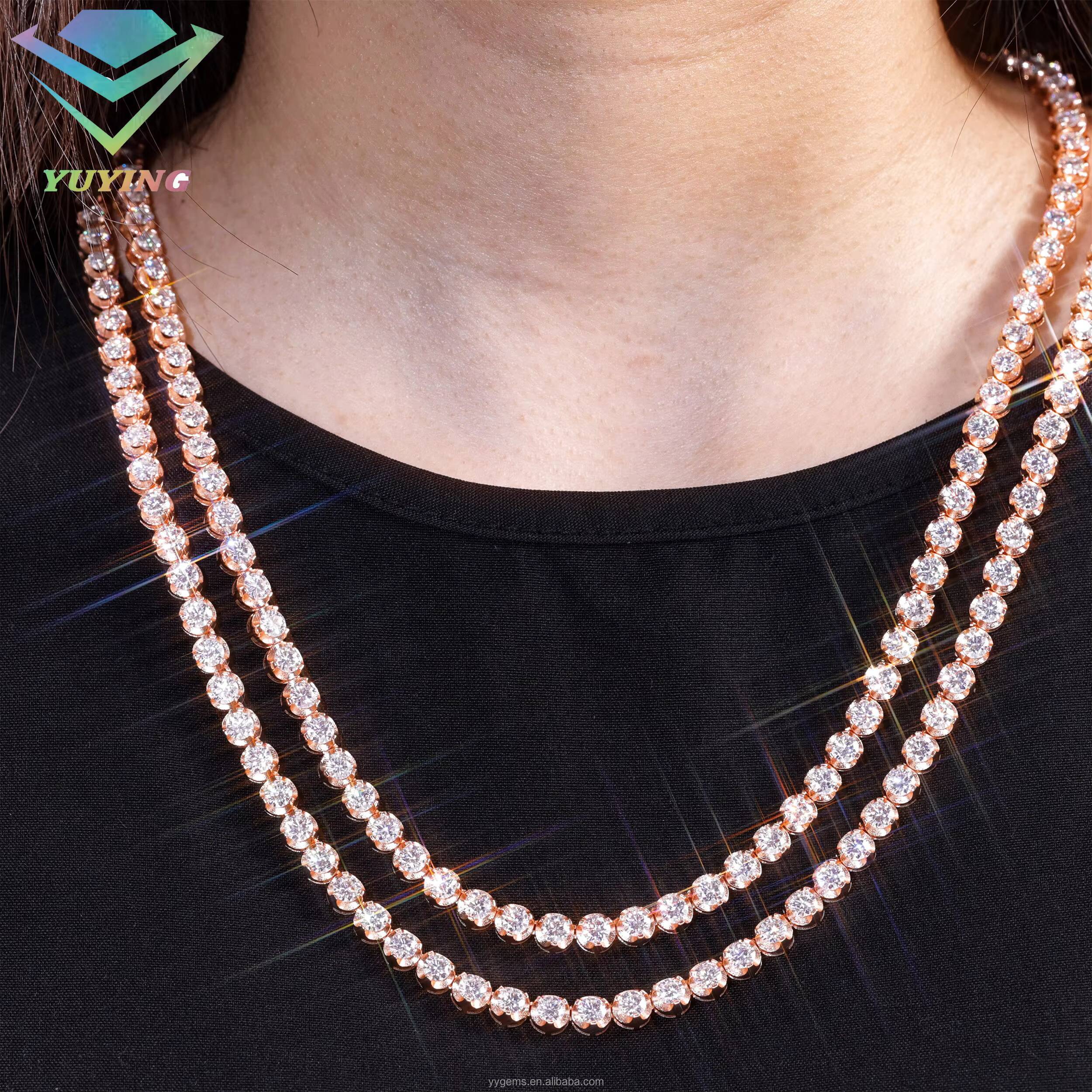 Fashion Customized 3 Prongs Hip Hop Jewelry 4MM Width Gold Plated Bling VVS Round Moissanite Tennis Chain