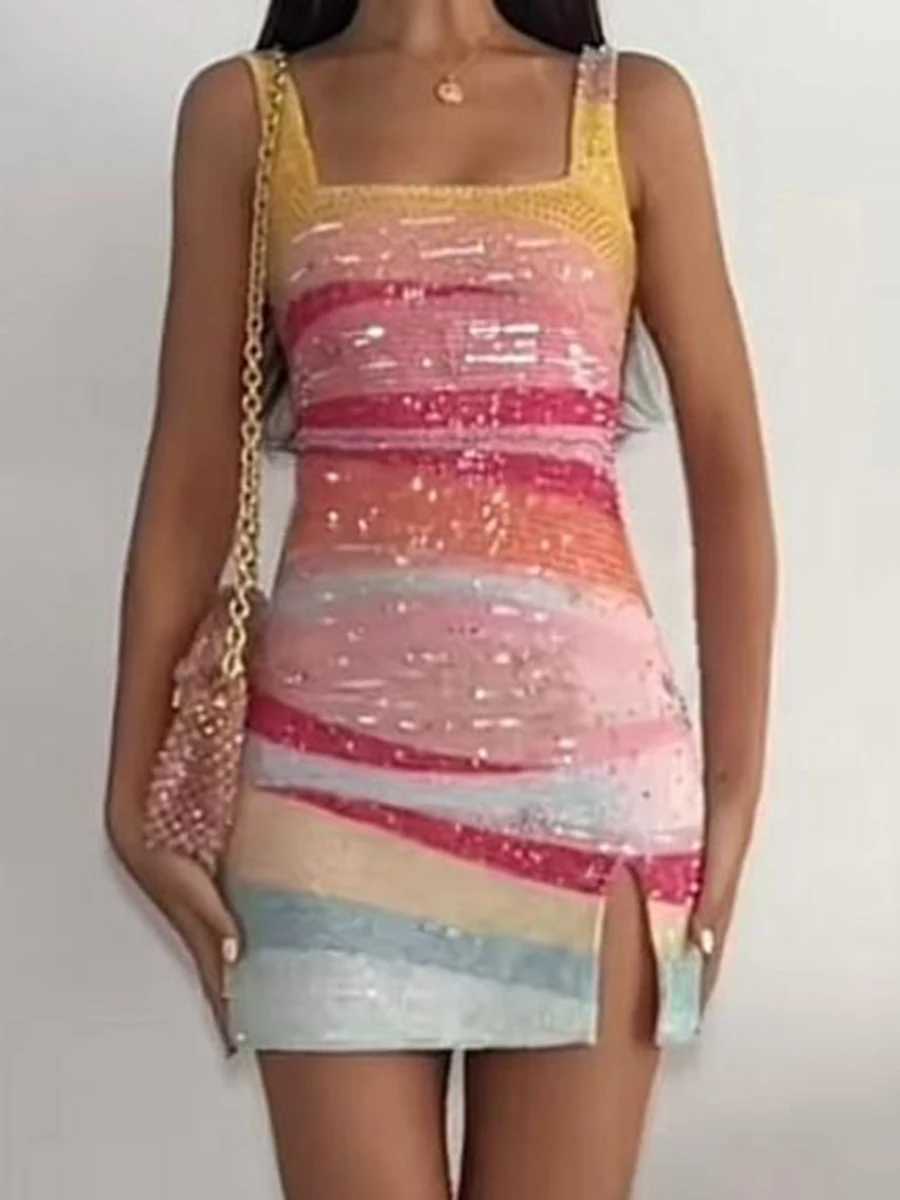 Elegant Lady Fit Banquet Short Dress Fashion Sequins Sleeveless Halter Evening Dress Summer New Women High Waist Wrap Hips Dress L260305