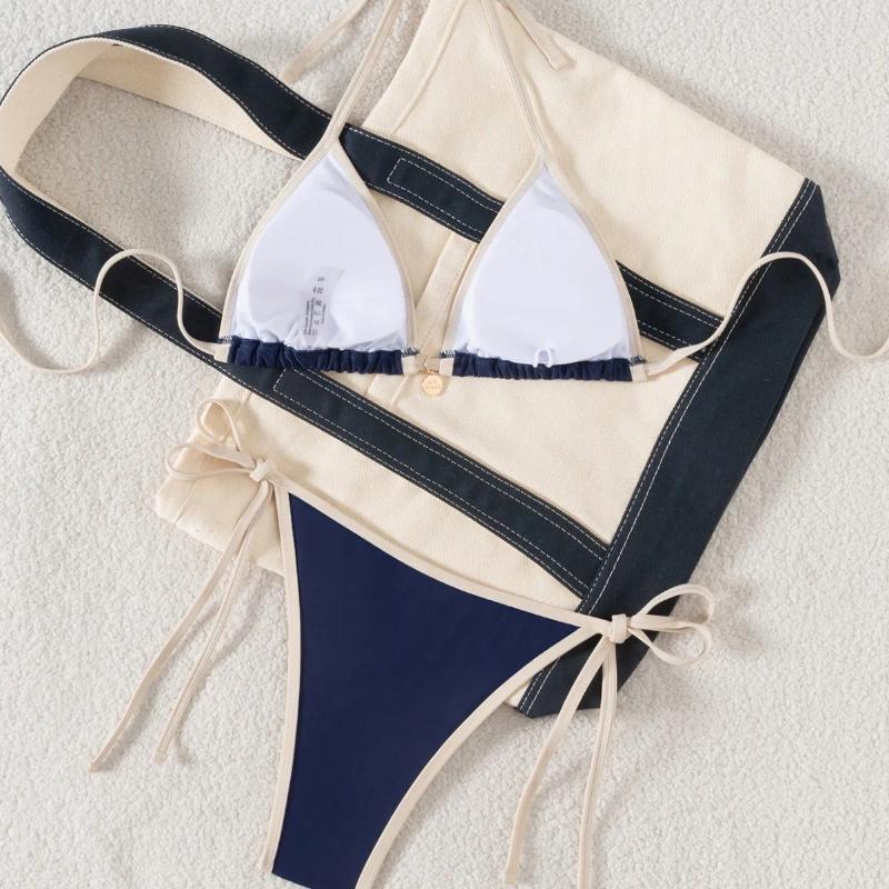 Women's Swimwear 2026 Arrival Sexy Bikini Set Two Piece Swimsuit With Color Blocking Edge Tie Side Cross Back For Beach Pool