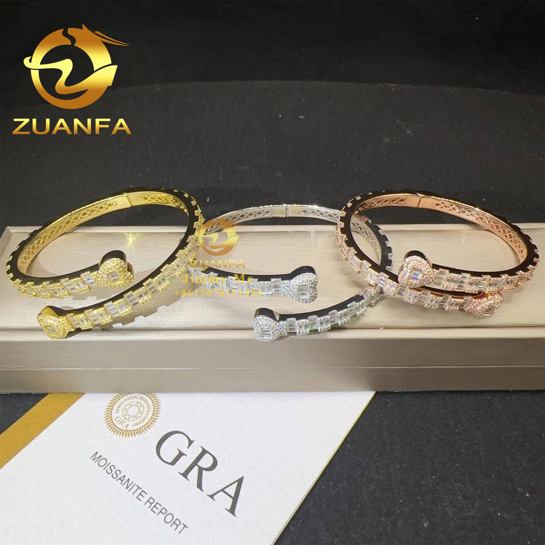 Heart Shape Style GRA Certificates 925 Silver Iced Out Hip Hop Jewelry VVS1 Baguette Moissanite Diamond Bracelet Bangles