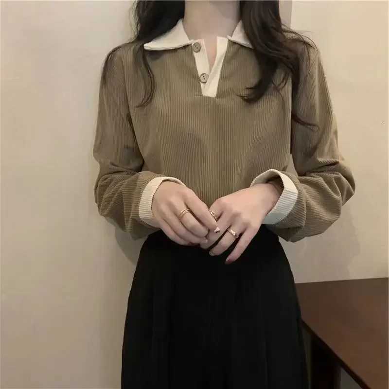 Casual Women T-shirts Korean Fashion Sweet Preppy Style Tops Female Autumn Long Sleeve Turn Down Collar Basic Pullovers TeesT260317