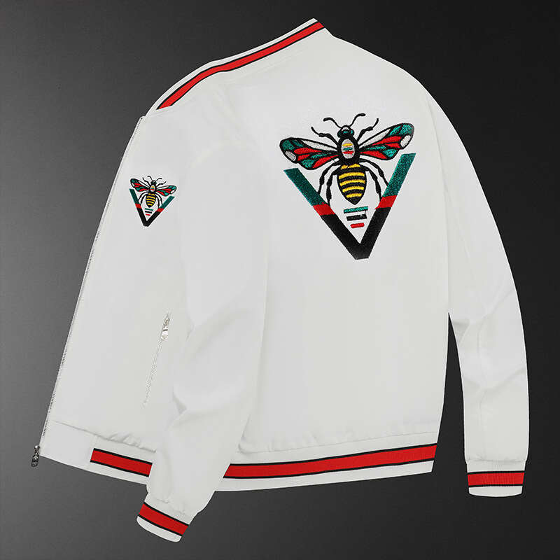 White Little Bee Embroidered Men's New European Fashion High-End Casual Baseball Jacket