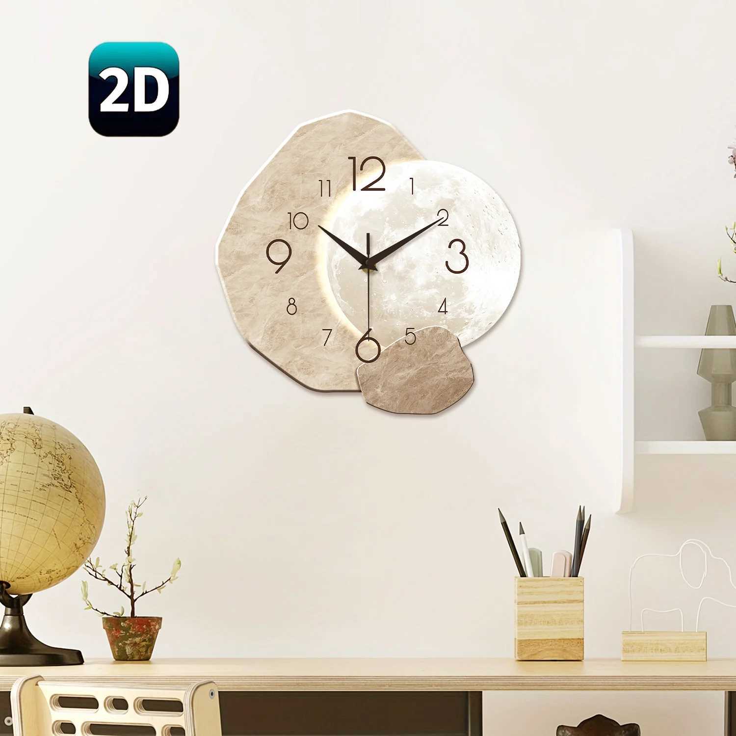 Modern Simple Silent Wall Clock Moon Design - Quartz Movement Wooden Material for Bedroom Living Room or Office Decoration D2603181