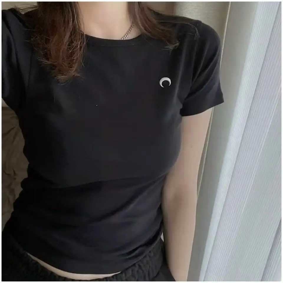 Casual Top Short Sleeve T-Shirt Womens Solid Color Slim Fit Korean Fashion Embroidery Moon Elastic Round Neck Classic SimpleT260317