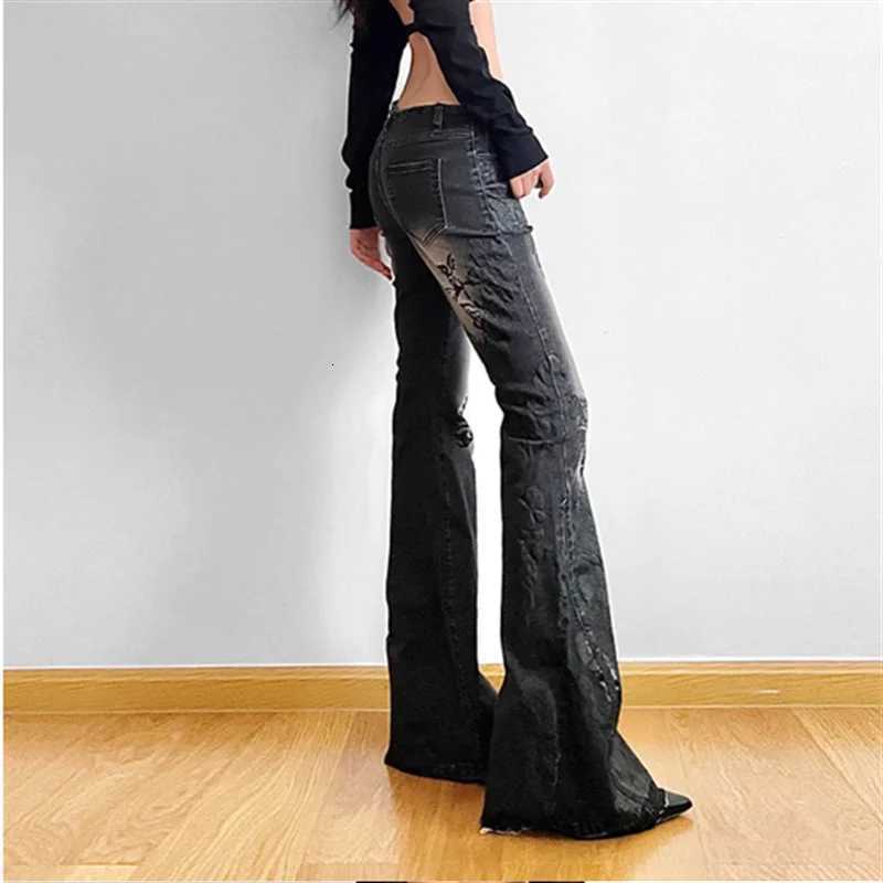 Women Gothic Y2k Flare Jeans Harajuku Baggy Denim Trousers 90s Aesthetic Low Waist Jean Pants Vintage 2000s Trashy Clothes 2024T260317