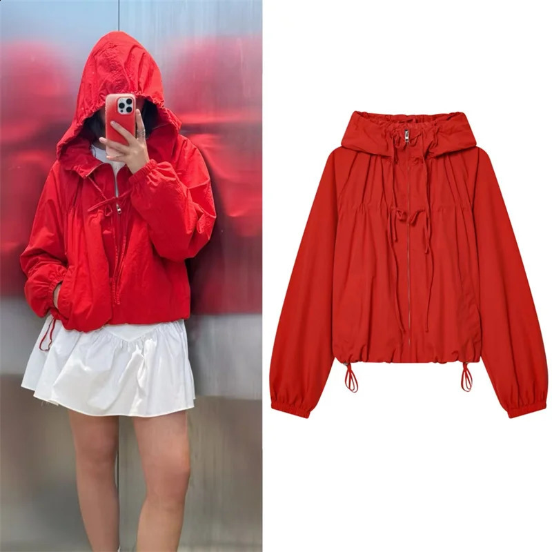 Womens Jacket 2026 Spring Red LongSleeve Drawstring Decorative Festive Hoodie Zipper Cardigan Casual Fashion Versatile 260318