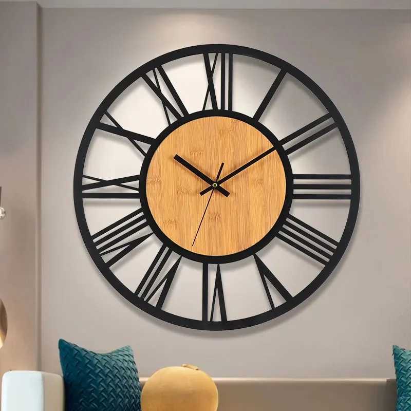 3D Large Wall Clocks Nordic Roman Numerals Retro Round Wood Metal Iron Accurate Silent Hanging Ornament Living Room Decoration D260318