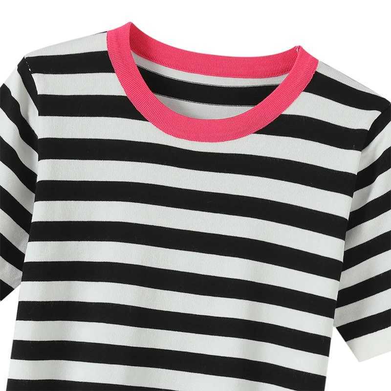 Summer New Short-sleeved Women O-Neck Slim 100 Cotton Striped Pullover Vest T-shirt Knitted Base Casual Comfortable SweaterT260317