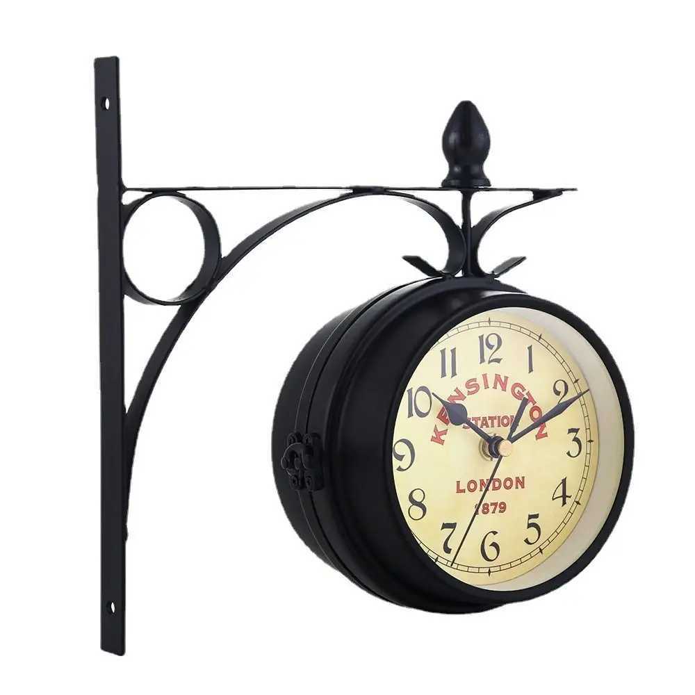 Double Sided Wall Clock High Quality Durable Retro Metal Clock Home Decor Garden Decoration Train Station D260318
