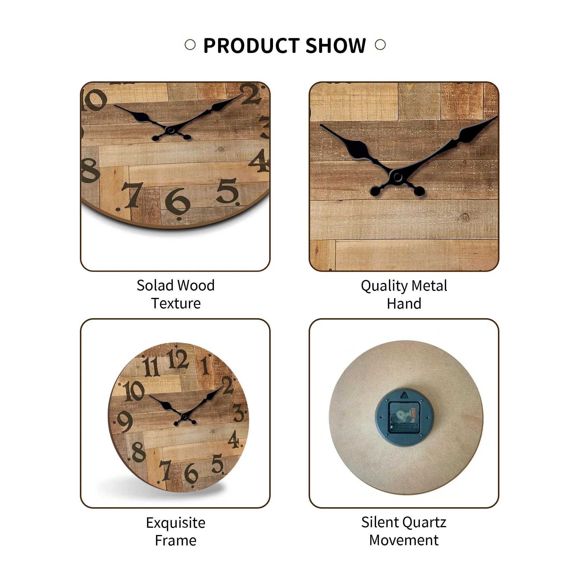 1pc Wooden veneer wall clock Vintage style Brown wood texture design wall clock round silent clock suitable for living room b D260318