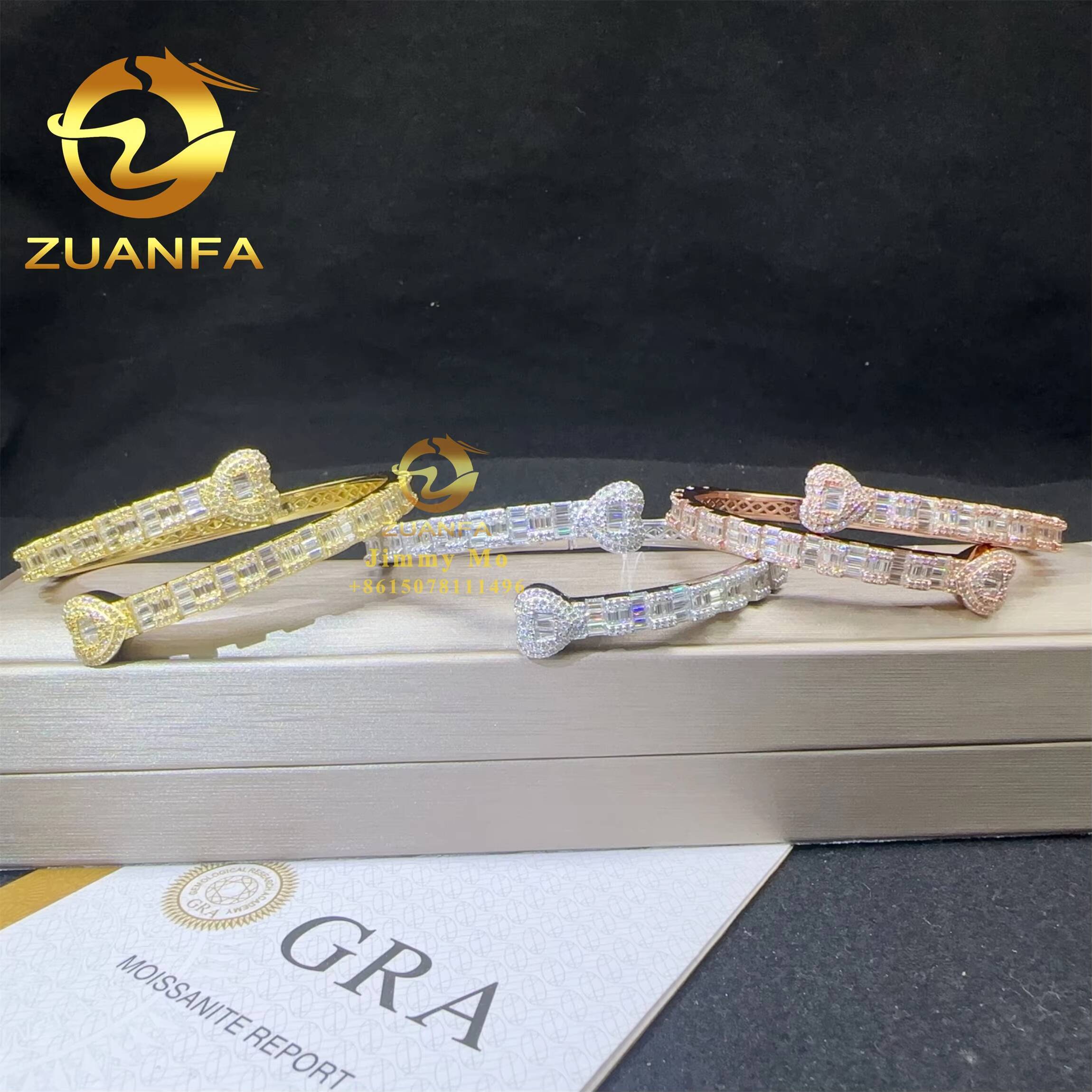 Heart Shape Style GRA Certificates 925 Silver Iced Out Hip Hop Jewelry VVS1 Baguette Moissanite Diamond Bracelet Bangles