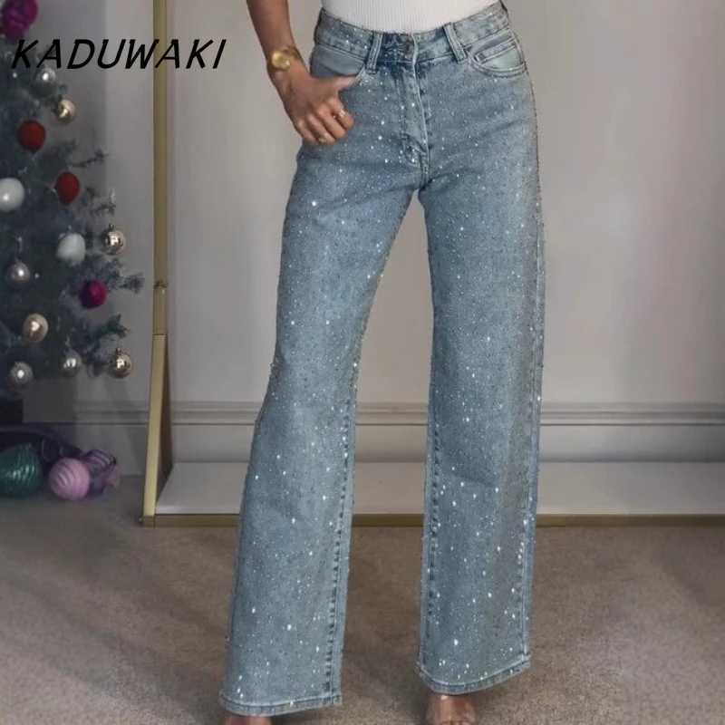 KADUWAKI American Retro Women Diamonds Pants Stretch High Waist Washed Distressed Pockets Chic Denims Streetwear Female TrousersT260317