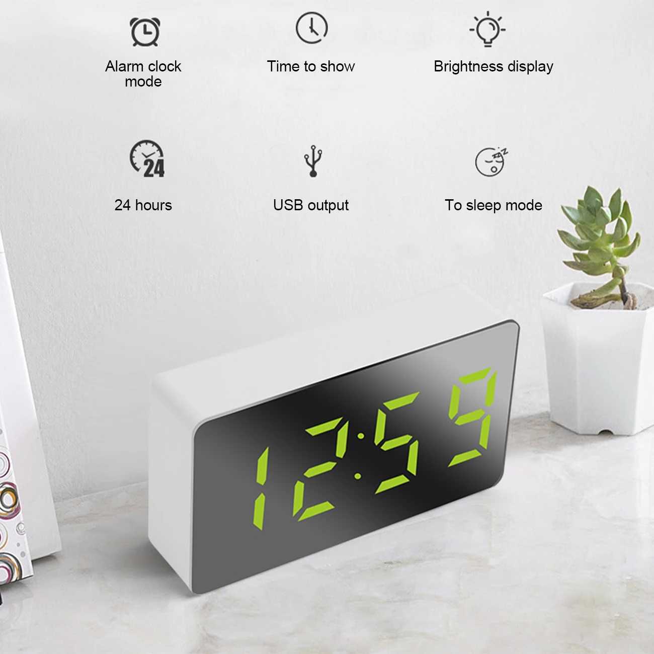 LED Digital Mirror Alarm Clock Mini Clock Multifunctional Snooze Display Time Night LCD Light Table Desktop USB 5v/No Battery D260318