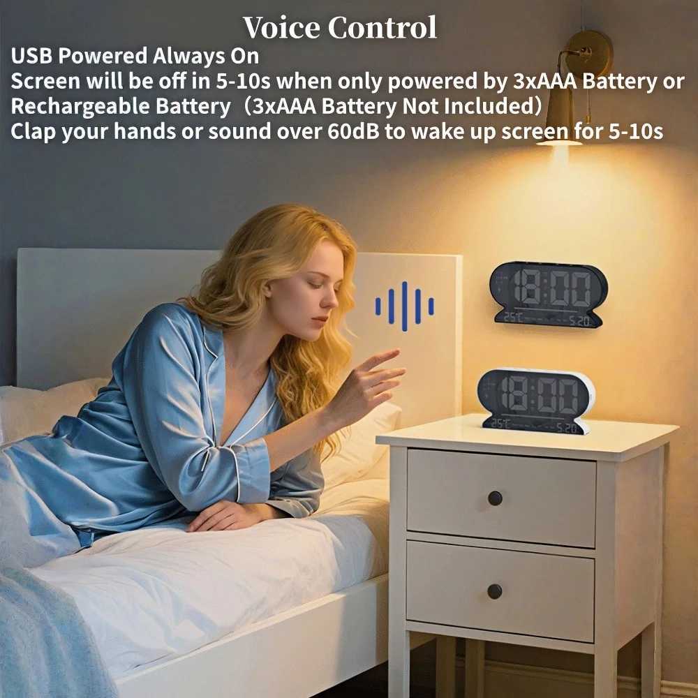 USB Powered Digital Alarm Clock TEMP Date Week 2 Alarm Night Mode Snooze Table Clock 3 Levels Brightness 12/24H LED Wall Clock D260318