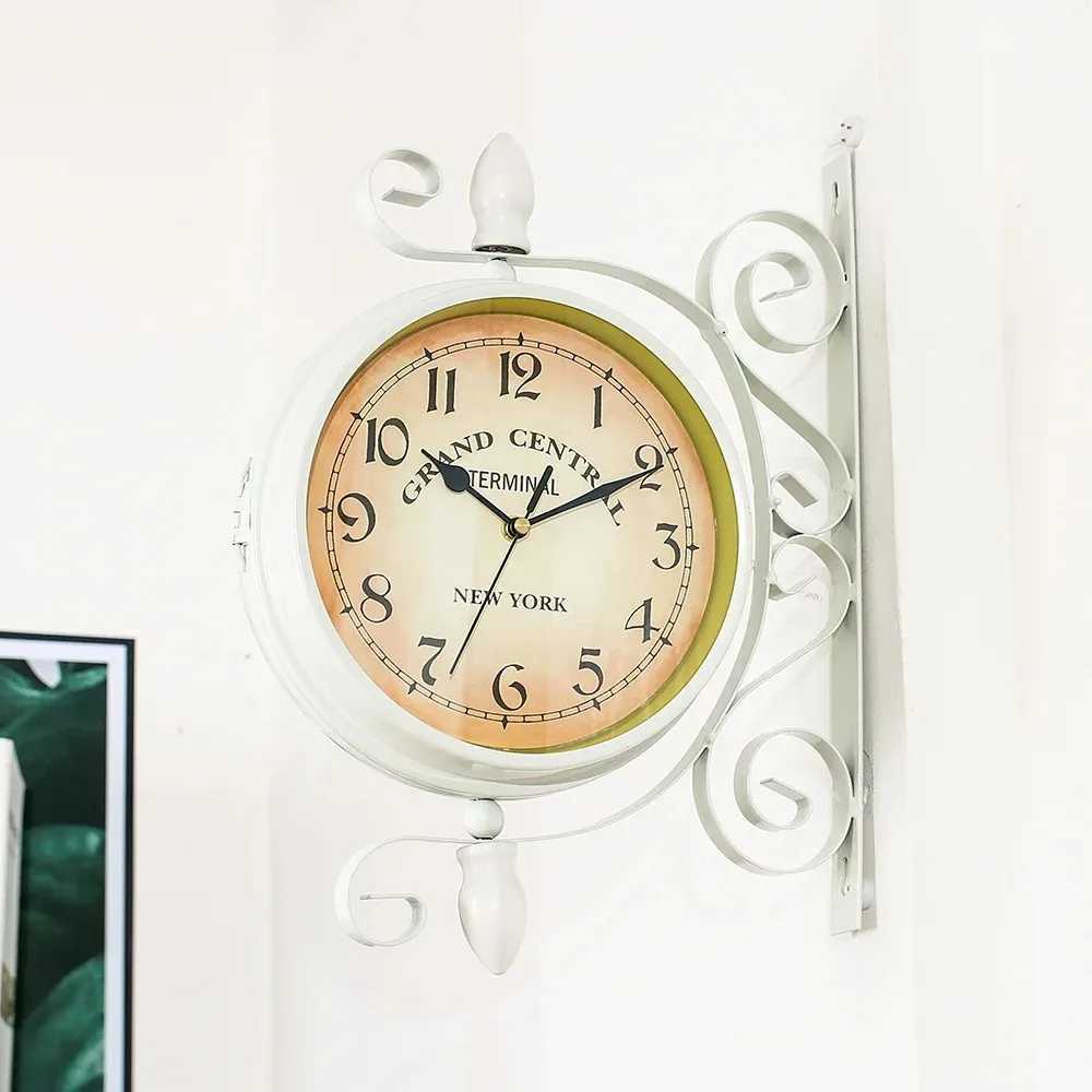 Double Sided Train Station Waterproof Wall Clock White for Garden Retro Wrought Metal Wall Clock Silent Indoor Outdoor Decor D260318