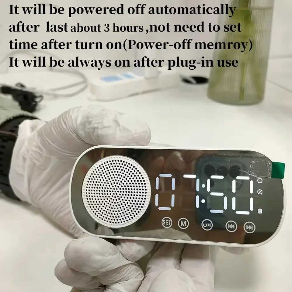 Mini Mirror Digital Alarm Clock Timer Rechargable Wireless Clock 2 Alarms FM Radio Wireless Speaker Subwoofer Desktop LED Clock D260318