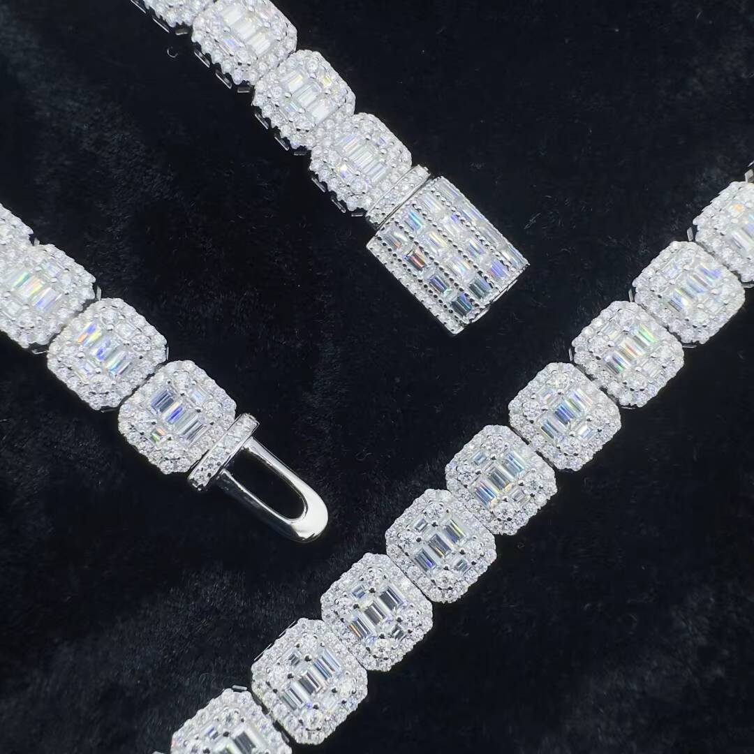 Jewelry Fashion Jewelry Chain 10mm/12mm 925silver Moissanite Hiphop Bracelet Necklace with Square Tennis Chain