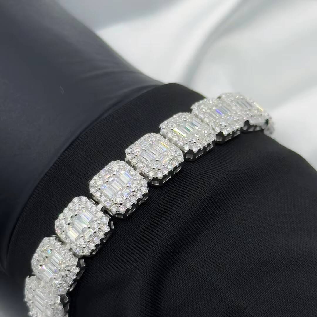 Fashion Jewelry 10mm/12mm Silver Chain Necklace Moissanite Hiphop Rock-Candy Tennis Necklace with Square Tennis Moissanite Chain