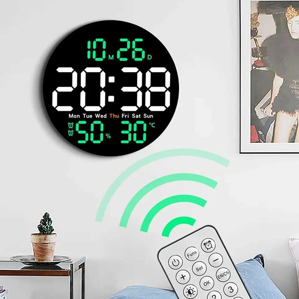 Remote Control LED Wall Clock with Dual AlarmsCalendarTemperature and HumidityBrightness Adjustable D260318