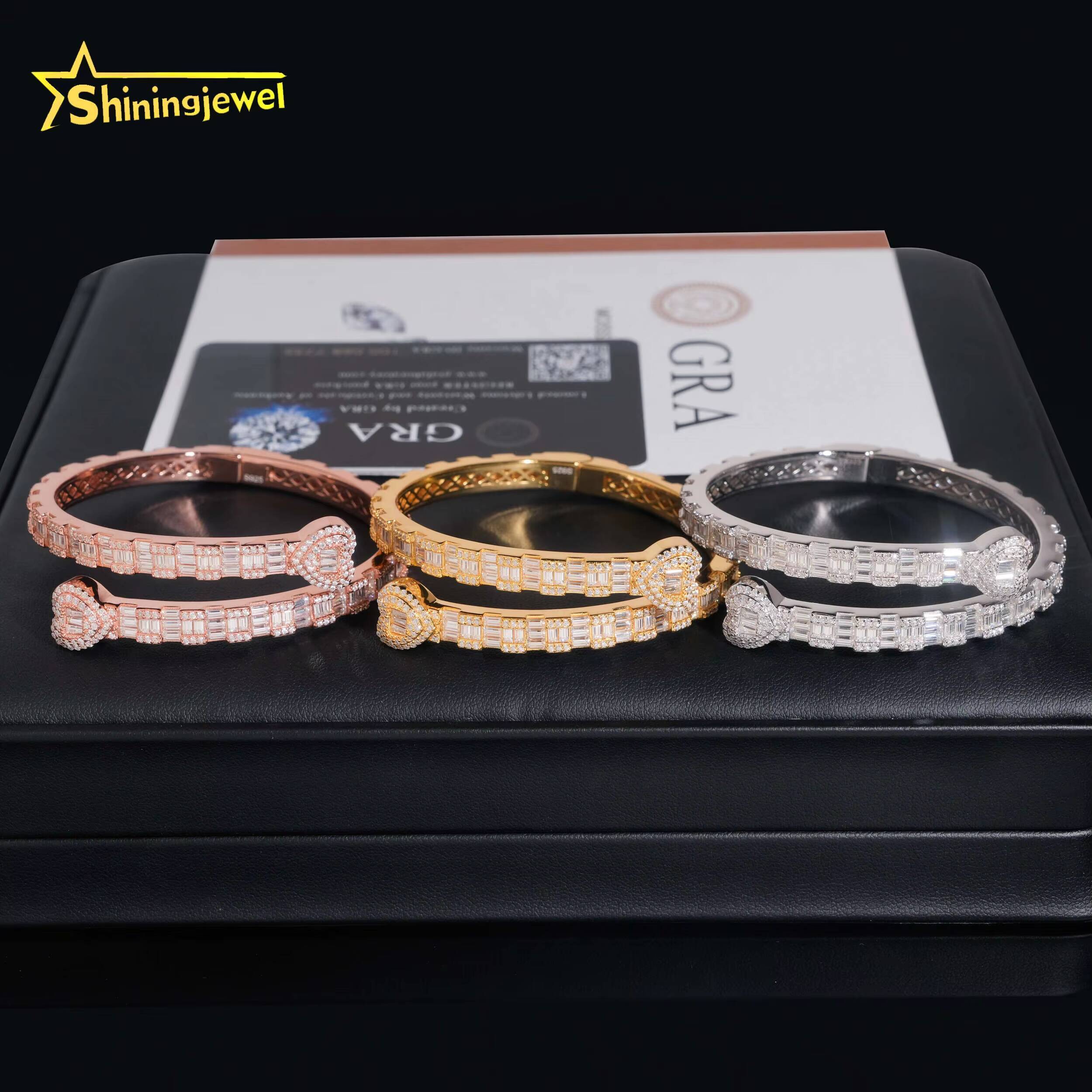 Solid 925 Silver Gold Plated VVS Baguette Moissanite Diamond Heart Bangle Bracelets Fashion Jewelry Pass Diamond Tester