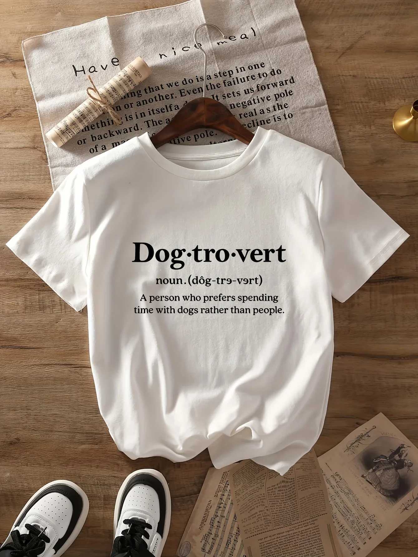 Womens Dog Lover Graphic Print T-Shirt - Dogtrovert Short Sleeve Crew Neck Summer Short Sleeved Harajuku Streetwear Tops TeesT260317