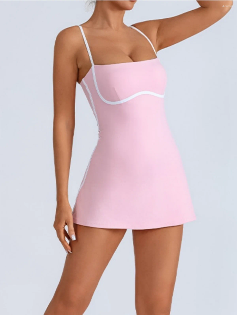 Yoga Casual Dresses Women's Tennis Dress Summer Sleeveless Pink Contrast Workout Yoga Build In Shorts Fashion Tight Fitting Skirts Suit