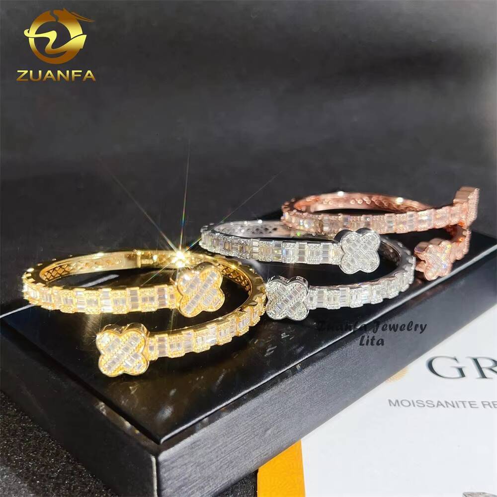 925 Sterling Silver Fashion Jewelry Four Leaf Clover Hip Hop Moissanite Diamonds Gold Plated Bracelet Bangles