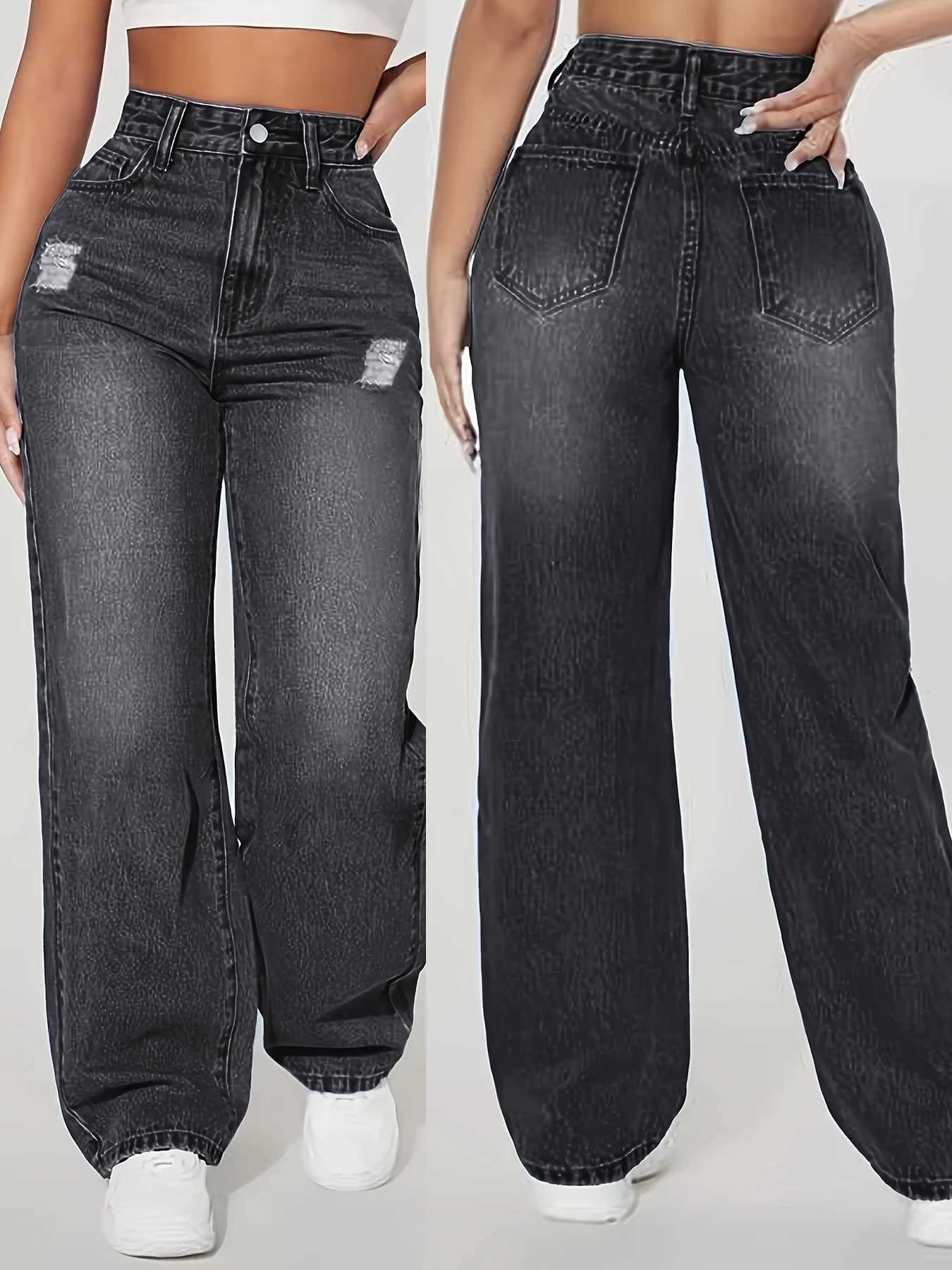 Loose Fit Elastic Fashionable Wide Leg Jeans Blue Distressed Loose Wide Leg JeansT260317