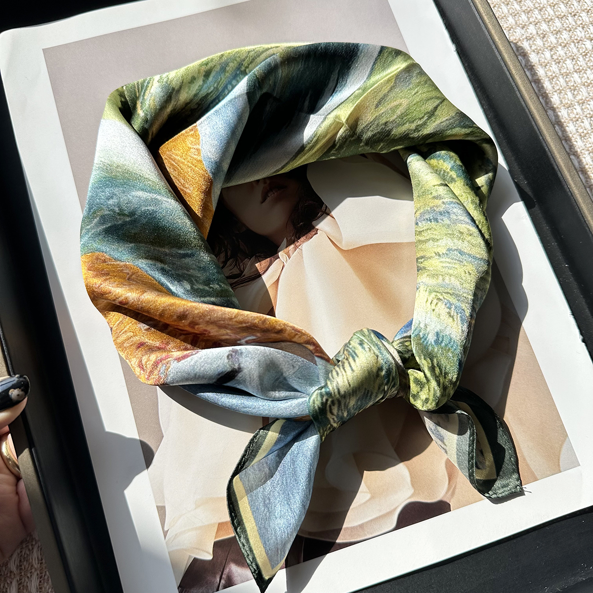 Green oil painting style rural elegance pure silk scarf for women in autumn and winter. 100% mulberry silk. 53cm small square scarf. Warmth for neck p