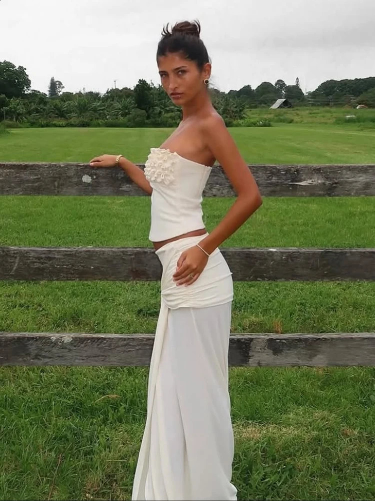 Sexy Strapless Pleated Long Skirt Set Women Chic Solid Off Shoulder Cropped Top Loose Skirts Suit Lady Vacation Beach Wear 260313