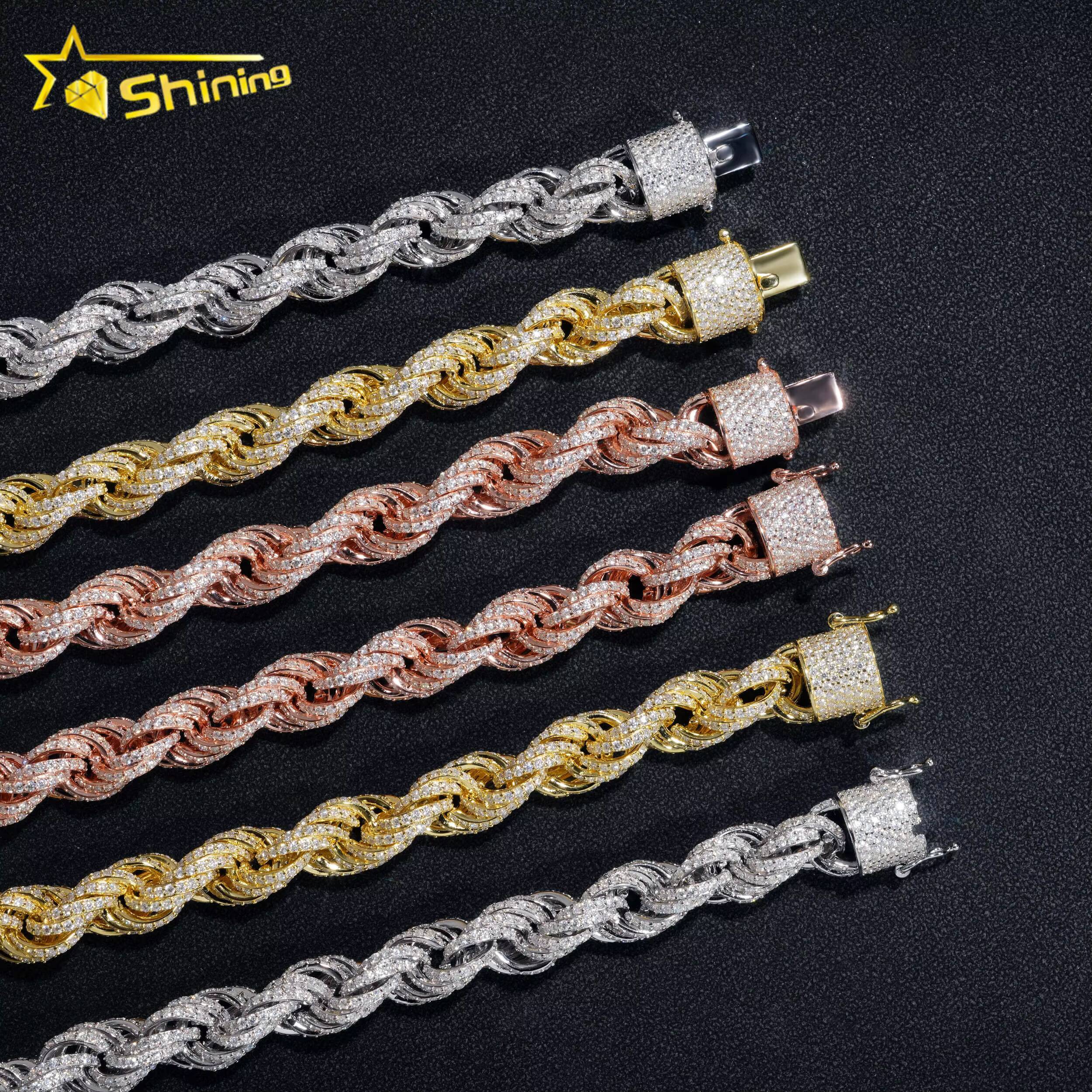 Big Size Moissanite Rope Chain Silver Jewelry 10mm Vvs Moissanite Rope Bracelet Necklace for Men and Women