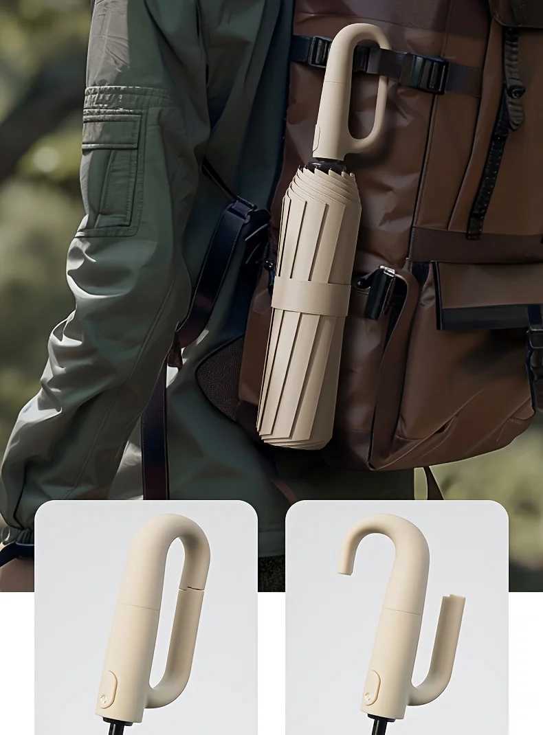 Automatic Folding Umbrella With D-style Non-slip Hook Handle Solid Color Casual Portable Lightweight Durable Umbrella H260318 - view 5