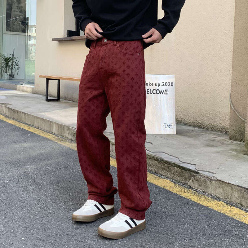 American-Style Jacquard Full-Print Jeans For Men, Summer Trendy Brand, Loose Straight-Leg Washed Casual Pants, Men's Thin Clothing