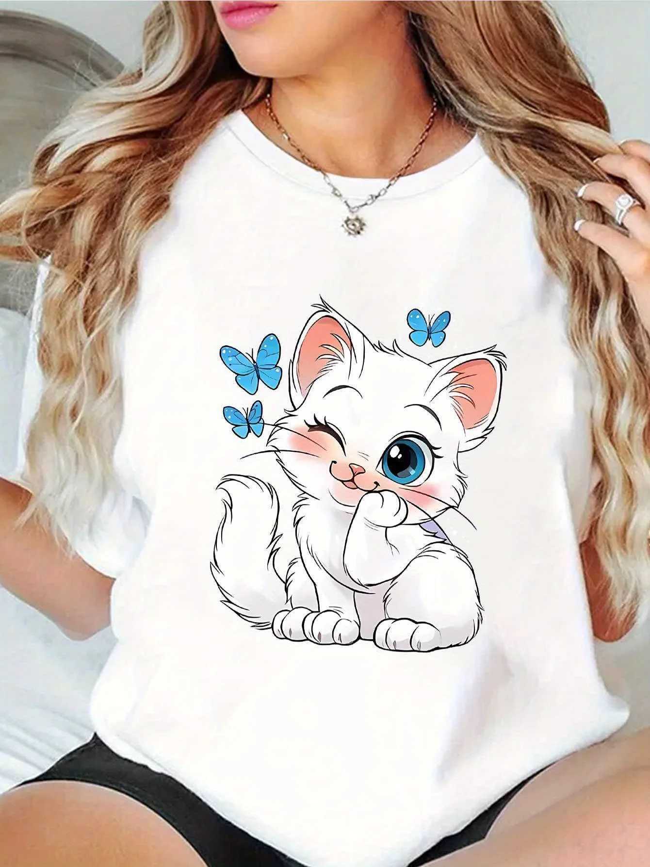 Women Summer Print T Shirt Short Sleeve Round Neck Cute Cartoon Kitten Butterfly Graphic Tees for Casual Daily WearT260317