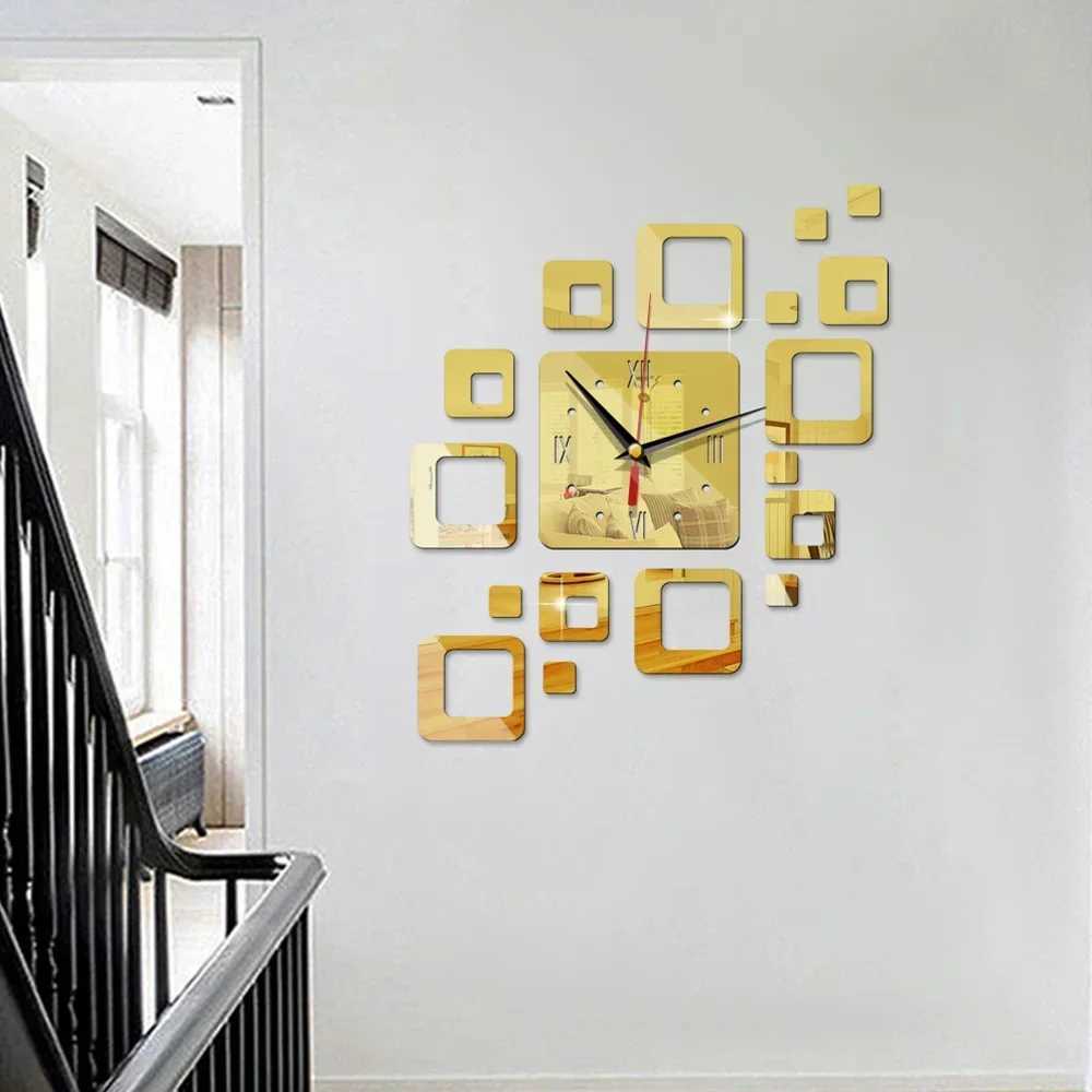 Acrylic Creative Hollow Square Mirror Wall Clock Diy Stickers Personality Mute Modern Design Home Decoration Watch D260318
