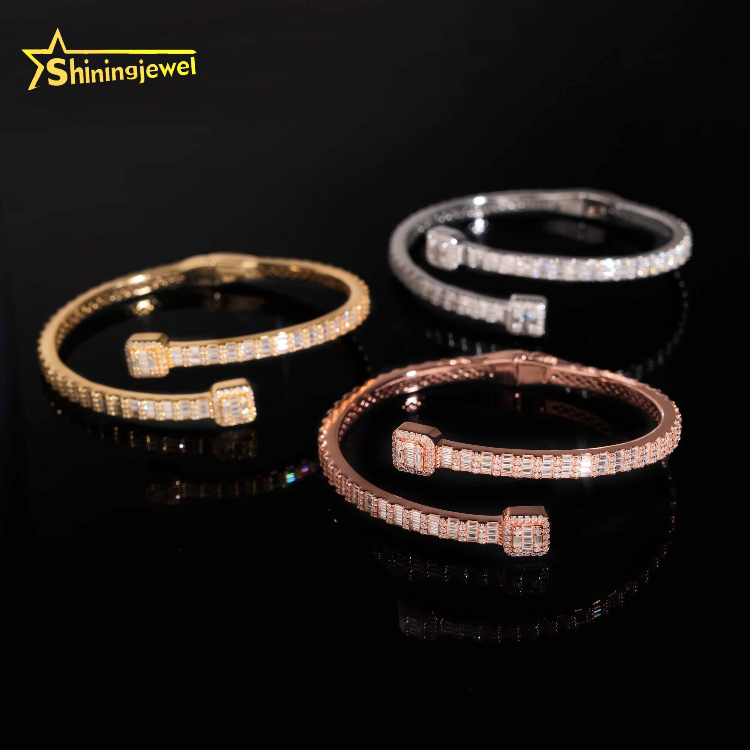 Worldwide Shipping Fine Jewelry Trendy S925 Silver Gold Plated VVS Baguette Moissanite Diamond Bangle Bracelet