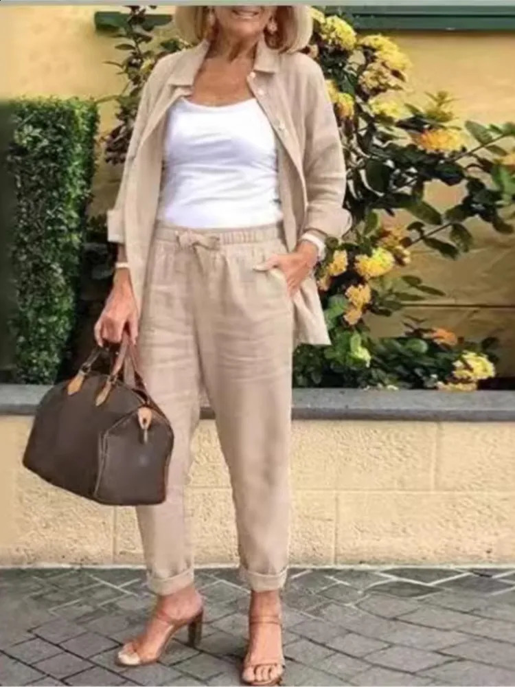 Autumn Spring Casual Suit Women Cotton Linen 2 Piece Set Solid Color Loose Button Shirt Pants Sets Daily Womens Clothing 260316