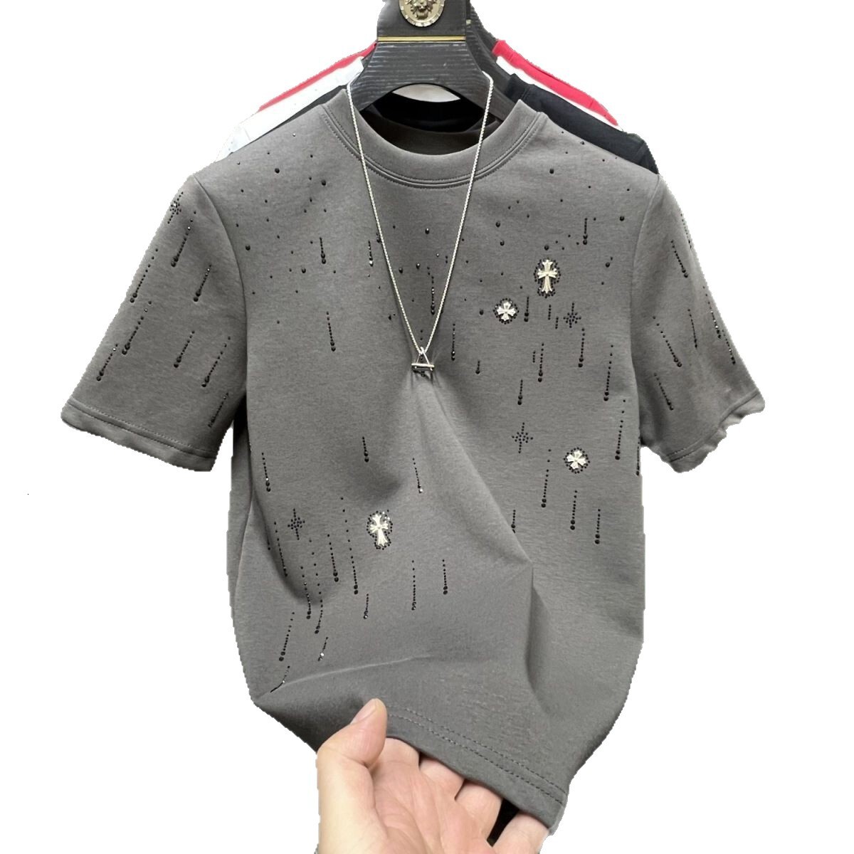 Luxury Brand Designer Summer new model: Meteor full-diamond trendy brand round-neck short-sleeve men T-shirt with high-end feel diamond embellishments