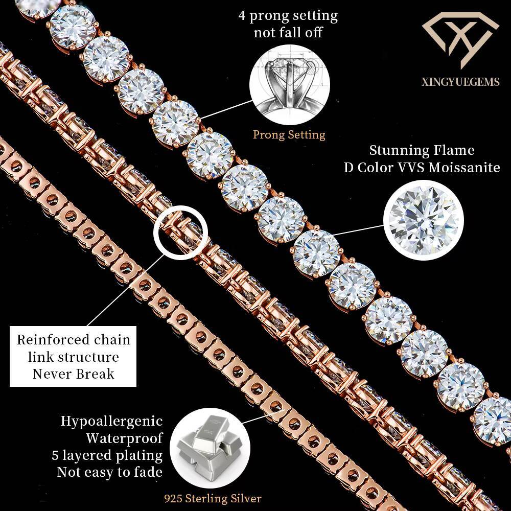 Custom Rose Gold Plated 3-6mm S925 Sterling Silver Moissanite Tennis Chain Necklace Trendy Link Style for Men Women Great Gift
