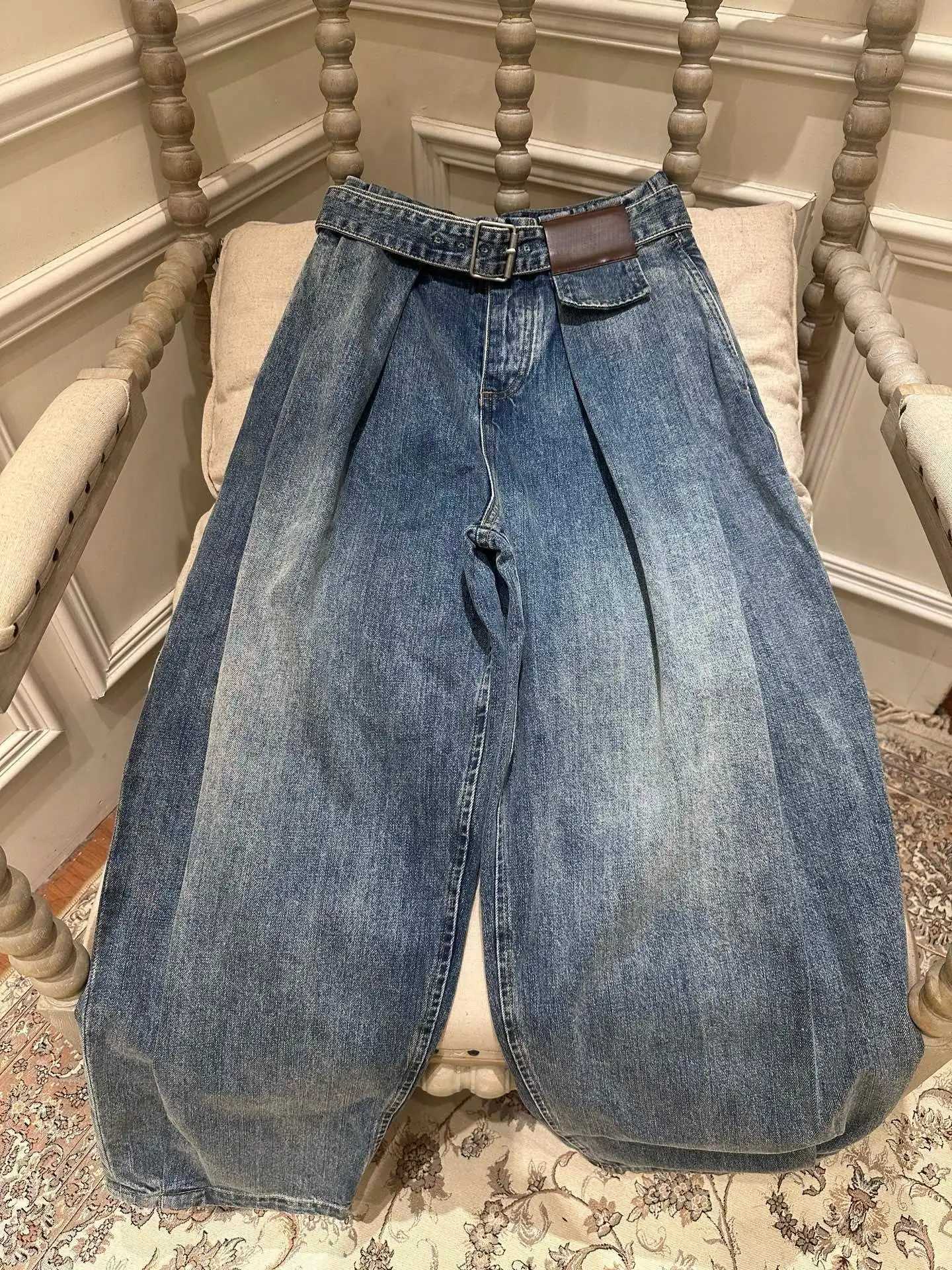 Spring 2026 High Waist Retro Belted Denim Jeans Trendy Loose Baggy Wide Leg Casual Pants StreetwearT260317